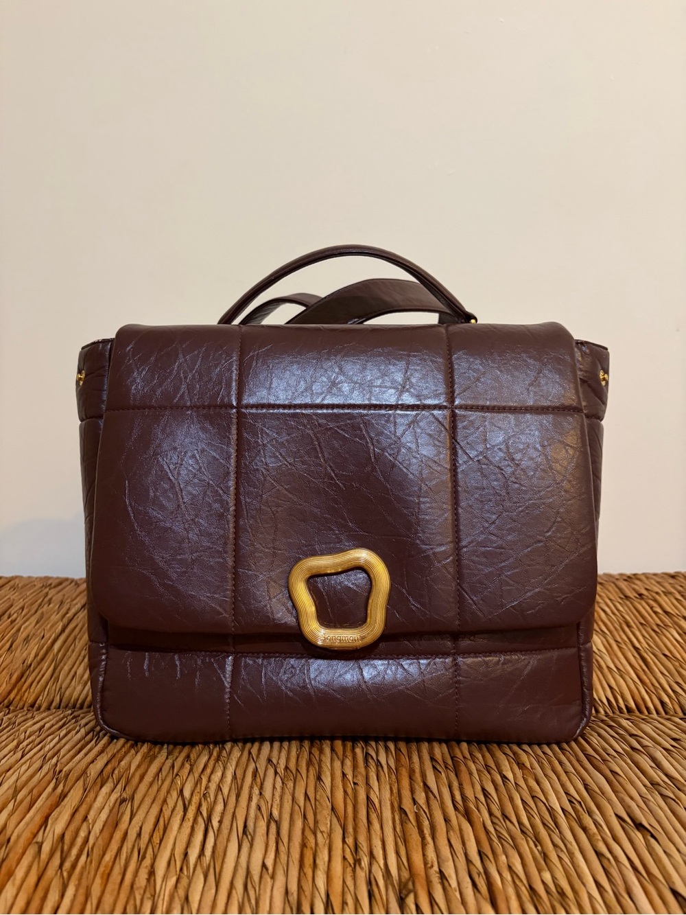 Songmont Chocolate Leather Quilted Top-Handle Bag with Gold Accent